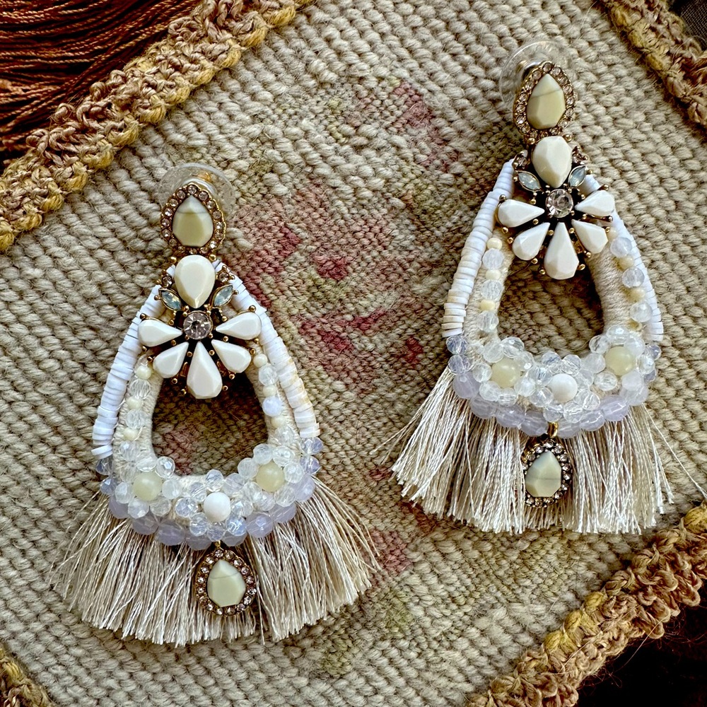 Ivory Beaded Fabric Drop Pierced Earrings with Rhinestones